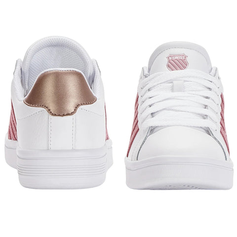 A pair of stylish sneakers is displayed with a white base and pink-striped sides The left shoe features a metallic gold accent on the heel while both have white laces and rubber soles