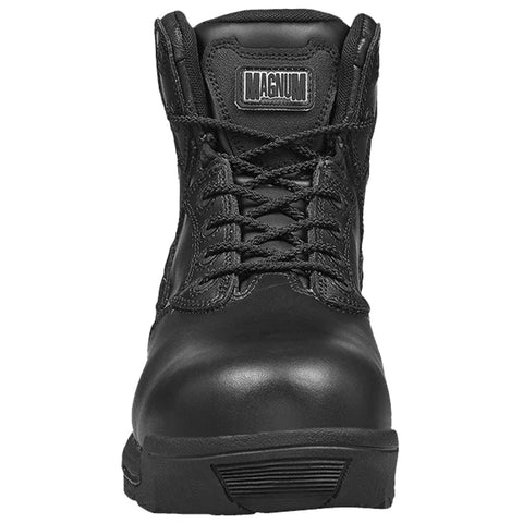 A black tactical boot stands upright displaying its laces and reinforced toe. It is set against a plain background emphasizing its sturdy design and military-style features. The label MAGNUM is visible on the tongue.