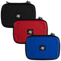 Three protective carrying cases in black red and blue are stacked vertically against a plain background featuring a hexagonal pattern on the surface and a brand logo on each case.