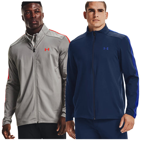 Two men stand side by side wearing athletic jackets. One wears a gray jacket with orange accents while the other wears a navy jacket with blue accents.