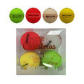 Five colorful decorative Christmas balls are displayed inside a transparent box with text reading "MERRY Christmas & HAPPY NEW YEAR" along with festive patterns visible on the balls.