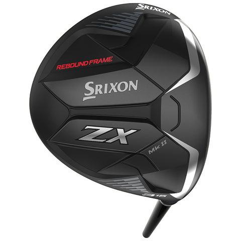 A golf driver is angled forward showcasing its sleek black design with silver accents branded Srixon and ZX featuring a noticeable Rebound Frame technology in a studio-like setting.