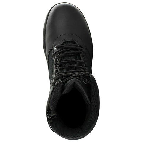 A black boot is centered with laces tightly secured and a soft interior visible from the opening showcasing its sturdy construction intended for outdoor or work environments.