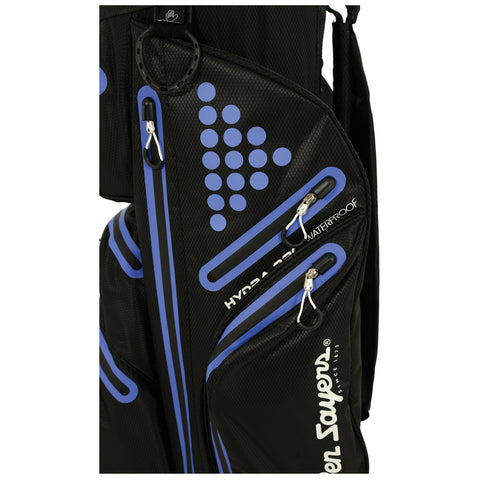 A black golf bag with blue accents stands upright and has multiple zippered pockets labeled Hydra Pro. It is designed for carrying golf clubs and accessories.