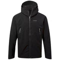 A black waterproof jacket with a hood features two zippered pockets and a front zipper. It is designed for outdoor use in inclement weather, suitable for hiking or casual wear.