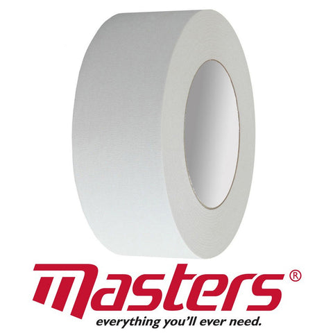 A roll of white masking tape is centered in the image displaying its smooth cylindrical shape while the brand name Masters and the slogan everything you'll ever need are prominently shown below it.