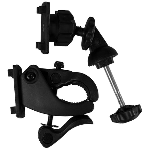 A black clamp mount consists of two parts including a clamping mechanism and an adjustable arm with a ball joint designed to secure objects to various surfaces for stability.