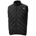 A black sleeveless puffy vest with a diagonal quilted pattern is displayed. It features a high collar and a front zipper, designed for warmth and comfort in cool environments.