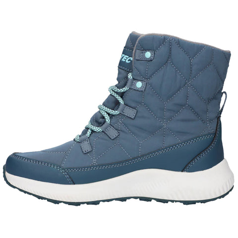 A blue quilted winter boot featuring a high top and textured surface stands upright with contrasting laces and soles indicating readiness for cold weather activities outdoors.