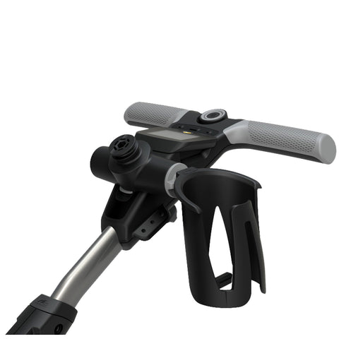 A black and silver handlebar features grips and a cup holder with a connector at the front displaying a screen and controls in a modern design suitable for a mobility device.