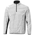 A lightweight pullover jacket features a quarter zip and a mostly white design with subtle camouflage patterns and black side panels providing a sporty appearance suitable for active wear.