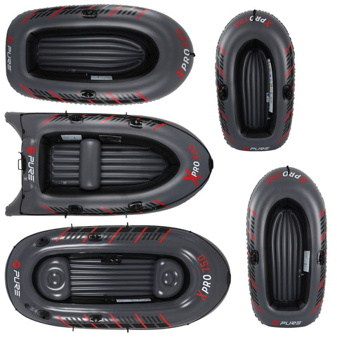 Five inflatable boats are displayed from different angles showcasing their dark gray color with red accents each labeled with model names XPRO 200 XPRO 500 and XPRO 150.