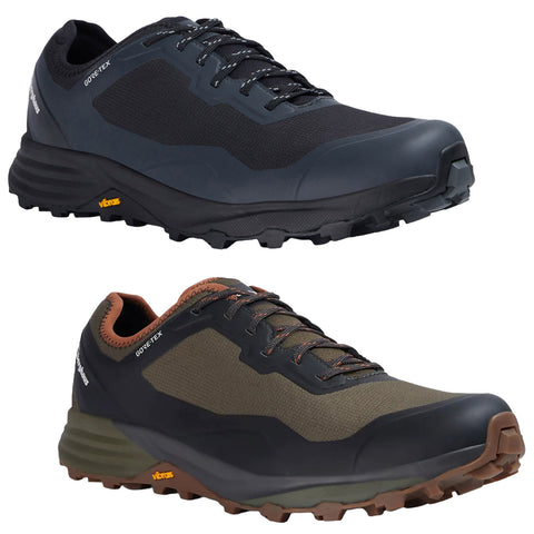 Two pairs of outdoor shoes are displayed side by side; the upper pair is black with reflective accents while the lower pair is green and brown with a rugged sole, highlighting versatility for trail use.