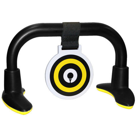 A target stand is positioned upright with a circular target featuring concentric black and yellow rings attached. The base is stable, designed for outdoor shooting practice or games.