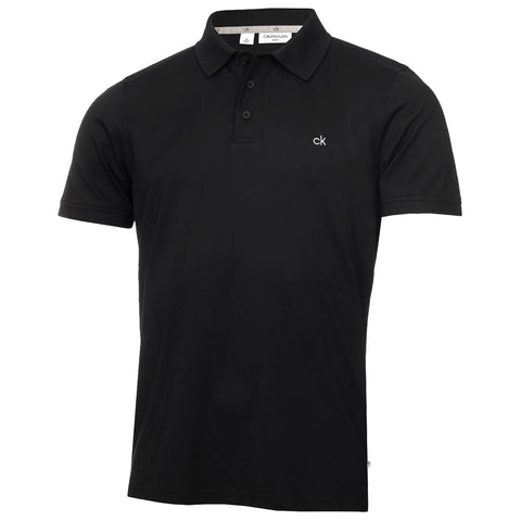 A black polo shirt hangs upright displaying a collar and three buttons with a small logo on the left side its simple design suggests casual yet stylish wear suitable for various occasions.