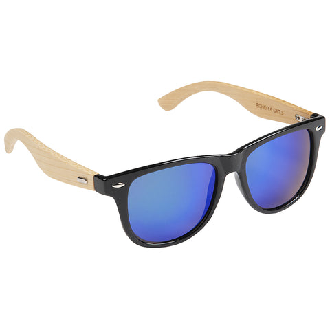 Black sunglasses with wooden arms are displayed against a plain background showcasing their reflective blue lenses and stylish design aimed at sun protection and fashion.