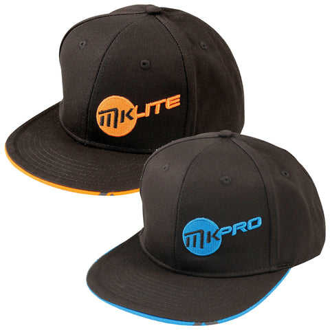 Two black baseball caps are displayed side by side. One cap features an orange logo with the word 'LITE' while the other has a blue logo with the word 'PRO'.