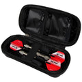 A black zippered case holds two red-tipped darts with silver shafts secured by a strap the interior is lined with cushioned fabric for protection