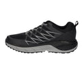 Black athletic shoe featuring a textured upper with gray accents and a thick sole designed for running or outdoor activities displayed against a plain background.