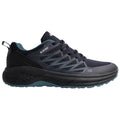 Sport shoe designed for outdoor activities features a dark navy mesh upper with teal accents thick cushioned sole for support showcasing a sleek design suitable for rugged terrain.