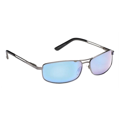 Sunglasses with a sleek design feature reflective blue lenses and metallic frames resting on a white background, suggesting use in bright outdoor conditions for eye protection and style.