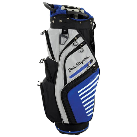 A golf bag stands upright featuring a blend of black gray and blue colors. It has multiple zippered compartments and a comfortable carrying handle for easy transportation.