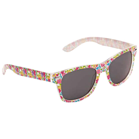 Colorful floral-patterned sunglasses are positioned at an angle showcasing their dark lenses and decorative frame in a bright and cheerful style suitable for sunny weather.