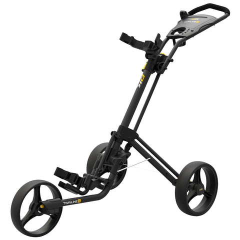 A black golf trolley with three wheels is positioned upright its handle is at the top and adjustable with a compartment for carrying golf gear in a minimalistic design.