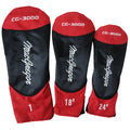 Three golf club head covers are displayed. The covers are black with red tops. They are labeled with numbers one 18° and 24° indicating different club sizes.