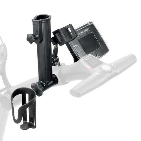 A black phone holder is mounted on a handlebar with an attached cup holder beneath it showcasing a sleek design intended for secure device placement while cycling or exercising.