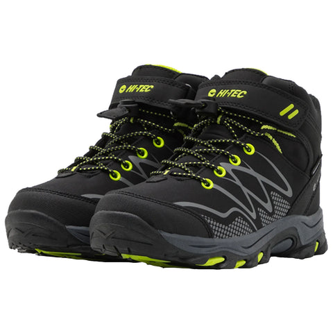 Black hiking boots with neon yellow accents are positioned together with laces threaded through metal hooks showcasing a rugged design suitable for outdoor activities in a natural environment.