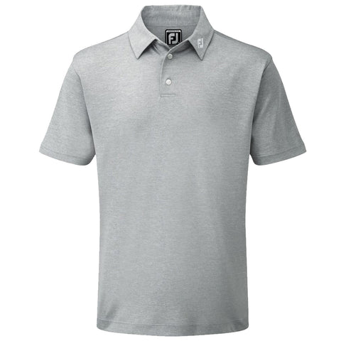 A light gray polo shirt is displayed. It has a collar with a three-button placket and features a logo on the collar indicating a sportswear brand.