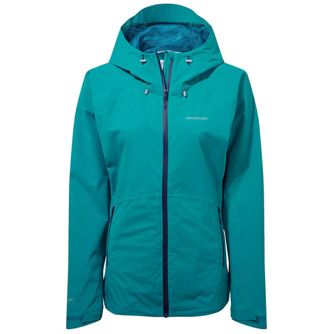 A teal waterproof jacket with a hood hangs upright showcasing its front zipper and two side pockets designed for outdoor activities with a logo on the upper left side.