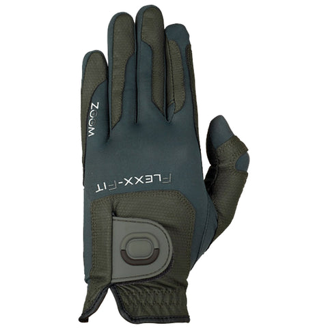 A single green glove lies flat featuring a textured grip and a snug fit design with a velcro strap on the wrist indicating it is designed for outdoor activities or sports.