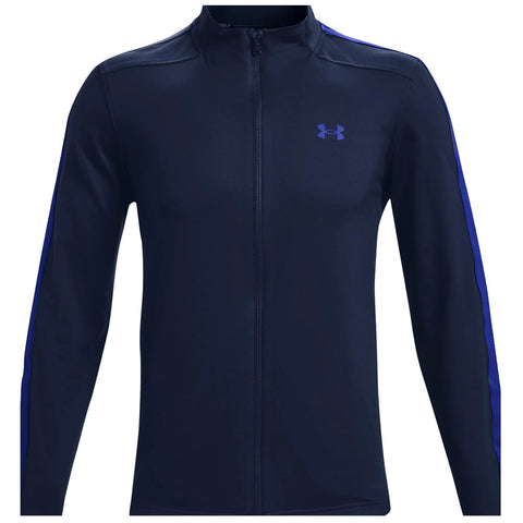 A navy athletic jacket is displayed with a full zipper and a high collar featuring purple stripes along the sleeves showcasing the Under Armour logo on the chest