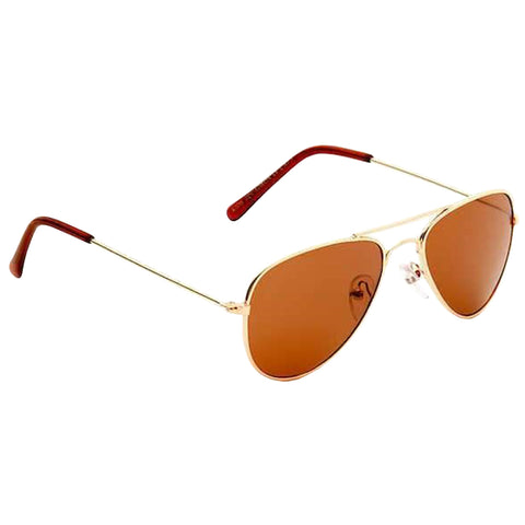 A pair of aviator sunglasses with brown lenses reflect light while resting on a white background highlighting their metallic gold frame and sleek design suitable for outdoor use.