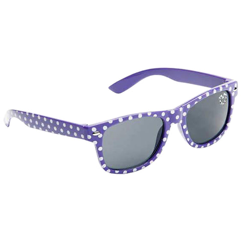 Purple sunglasses with white polka dots rest in a neutral setting showcasing their fashionable design and tinted lenses suitable for sun protection and style.