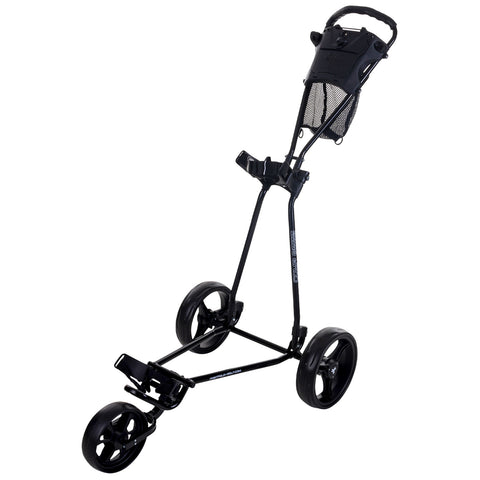 A black golf push cart stands upright with three wheels positioned at the base and a handle at the top for steering in an outdoor golfing environment.