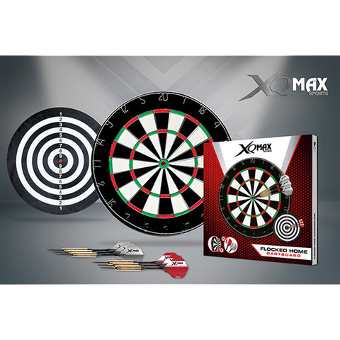 A dartboard set is displayed featuring a traditional dartboard and a circular target alongside three darts. The setting is a neutral background emphasizing the game equipment.