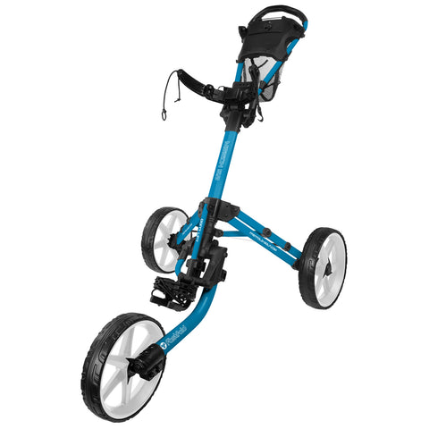 A blue golf push cart with a sturdy frame has three wheels and a handle. It is designed for transporting golf clubs and equipment on a course, featuring a storage mesh net.