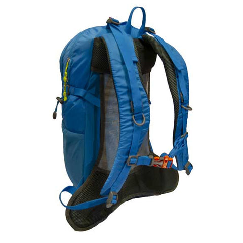 A blue backpack displays padded straps and multiple pockets showcasing its design for comfort and utility suitable for outdoor activities and travel.