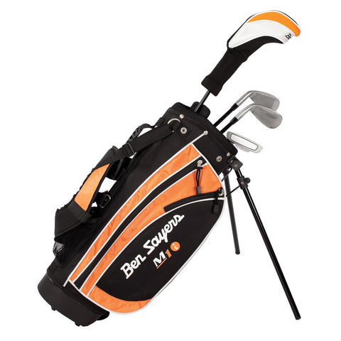 A black and orange golf bag stands upright with clubs partially visible from the top. It features a handle and shoulder strap for carrying, designed for golfing use.