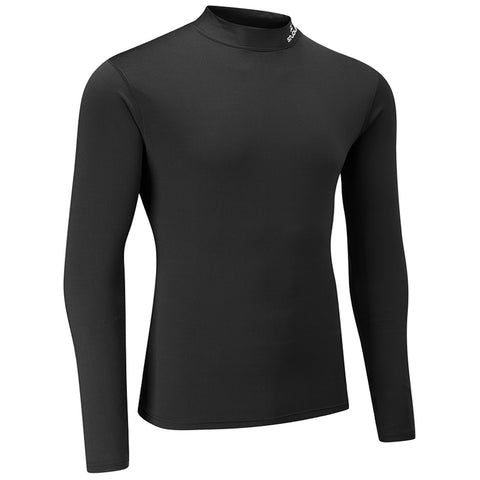 A black long-sleeve shirt is displayed upright showcasing its smooth fabric and high collar design. The context is neutral, emphasizing the shirt's sleek appearance without any additional elements.