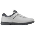 A grey and white athletic shoe rests on a flat surface showcasing a sleek design with a rounded toe laced up and a textured collar for added support.