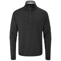 A black long-sleeve pullover with a quarter zip and a striped collar lies flat showcasing a simple, modern design suitable for casual wear or outdoor activities.