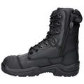 Black tactical boot features a high-cut design with laces and a side zipper for easy wear in a balanced stance on a flat surface