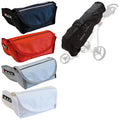 Big Max Rain Safe Golf Bag Cover Four different colored bags in blue red light blue and white are displayed with a black protective cover for a golf cart in the background showing part of the cart and its wheels