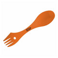 An orange multi-functional utensil with a spoon on one end and fork tines on the other is displayed against a plain background showcasing versatility for outdoor dining.