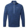 A dark blue quarter-zip pullover sweater is displayed upright with a textured fabric pattern featuring a small logo on the left chest area and a contrasting zipper detail.