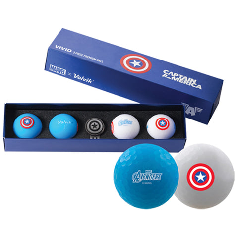 A set of three golf balls is displayed in a blue box featuring Marvel branding The balls include blue and white designs with Captain America and Avengers logos emphasizing a themed sports product